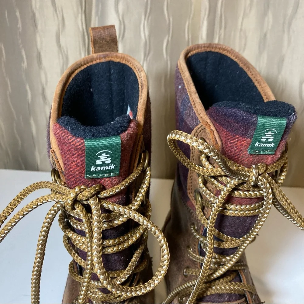Kamik Sienna 2 Woman's 6 Mid Waterproof Red Plaid Brown Lace Up Thinsulate 200g